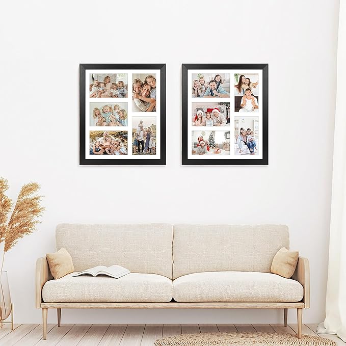11x13 Collage frame with 5 Openings 4X6 Pictures, Multiple Picture Frame with Mat, Wall or Tabletop Decor, Black Wood Grain,2 Pack