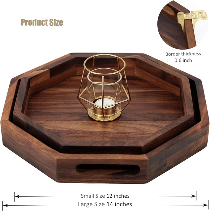 Set of 2 Large Octagonal Black Walnut Wood Ottoman Tray with Handles, Serve Tea, Coffee, Classic Wooden Circular Decorative Serving Tray, 14 &12 inches
