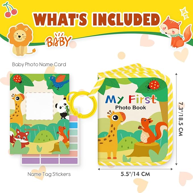 Lanpn My First Baby Photo Album Holds 17 4x6 Pictures, Soft Cloth Family Photo Book with Name Card Name Tag Stickers, Fabric Kid Memory Keepsake Gift for Baby Shower Newborn Toddler Boy Girl (Animal)