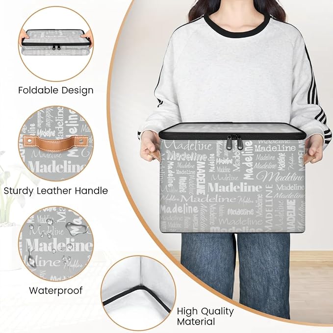 Custom Storage Basket with Name, Personalized Keepsake Box with Zipper Lid, Foldable Fabric Memory Bin Large capacity with Handle Grey