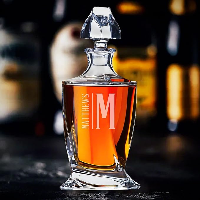 HomeWetBar Personalized Whiskey Decanter Set with Engraved Rocks Glasses & Luxury Wooden Box Set - 7pc Whiskey Decanter Gifts for Men