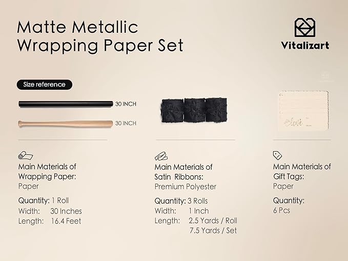 Vitalizart Black Matte Metallic Wrapping Paper Set 30" With Silk Satin Ribbon & Gift Tags Christmas Gift Wrapping Birthday Baby Shower Wedding Bouquets Handmade Crafts 197"(16.4 Ft) Black Ribbon