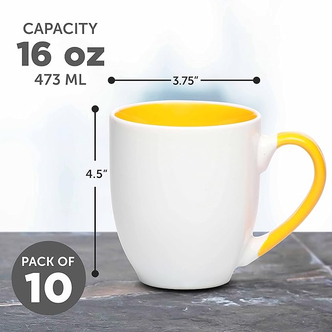 DISCOUNT PROMOS Bistro Style Large Coffee Mugs 16 oz. Set of 10, Bulk Pack - Perfect for Coffee, Tea, Espresso, Hot Cocoa, Other Beverages - Yellow