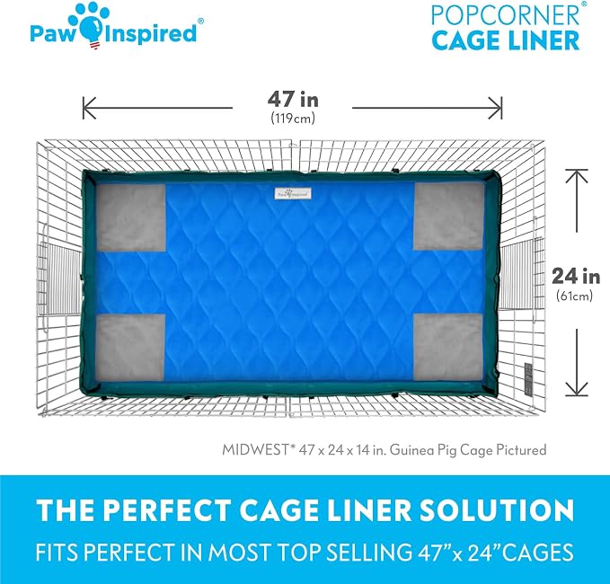 Paw Inspired PopCorner Washable Fleece Cage Liners, Midwest, Blue | Reinforced Corners, Super Absorbent Mat, Bedding, Waterproof Bottom, Guinea Pigs, Ferrets, Rabbits, Hamsters, Small Animals