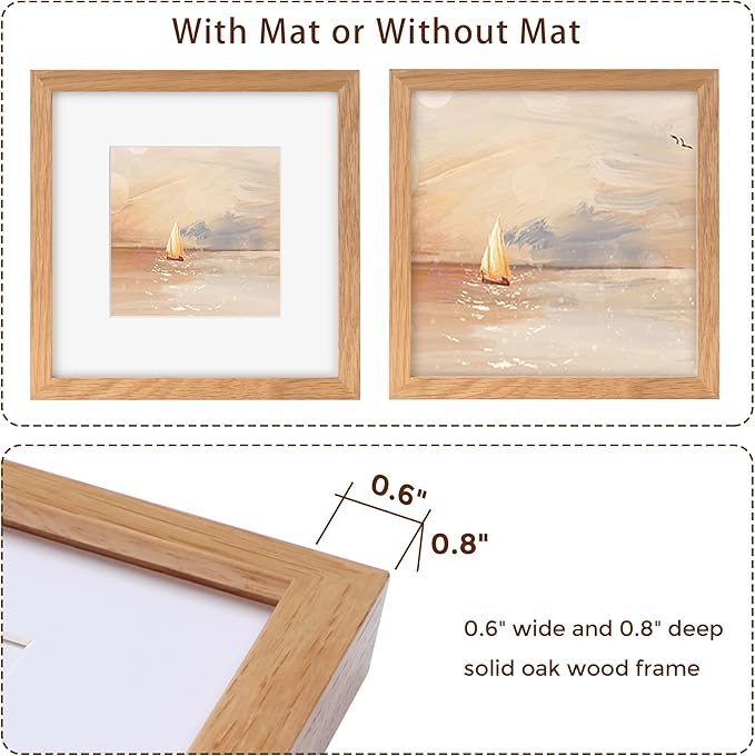 8x8 Picture Frame, Solid Oak Wood 8 x 8 Picture Frames Matted to 4 x 4,Square 8 x 8 Wood Frame with Tempered Real Glass, Rustic 8x8 Photo Frame for Wall & Tabletop Display