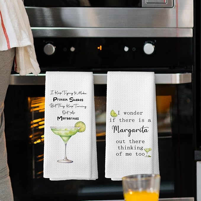 Funny Margarita Kitchen Towels Set of 2, Bar Towels for Kitchen, Margarita Lovers Gift I Keep Trying to Make Protein Shakes Hand Towel, Margaritas Bar Cart Decorative Tea Towel 16x24 Inch