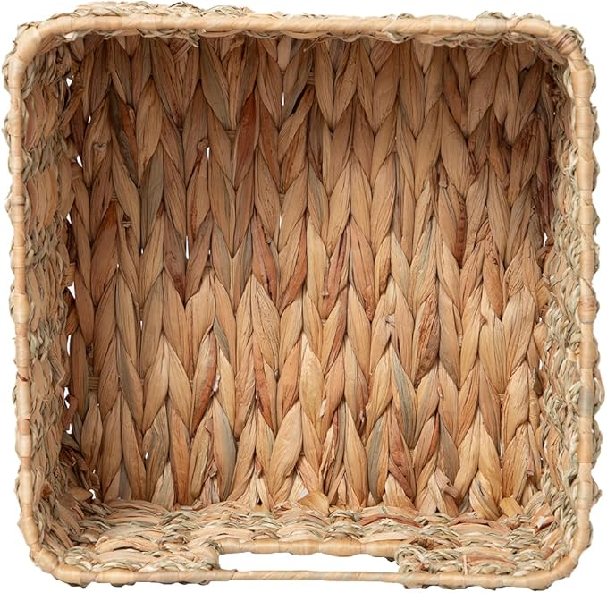 Handmade Square Water Hyacinth and Seagrass Storage Basket - Artisan Woven Rustic Organizer with Metal Frame for Home Decor, Shelf, and Closet (Small(10.6"x10.6"x6.7"H))
