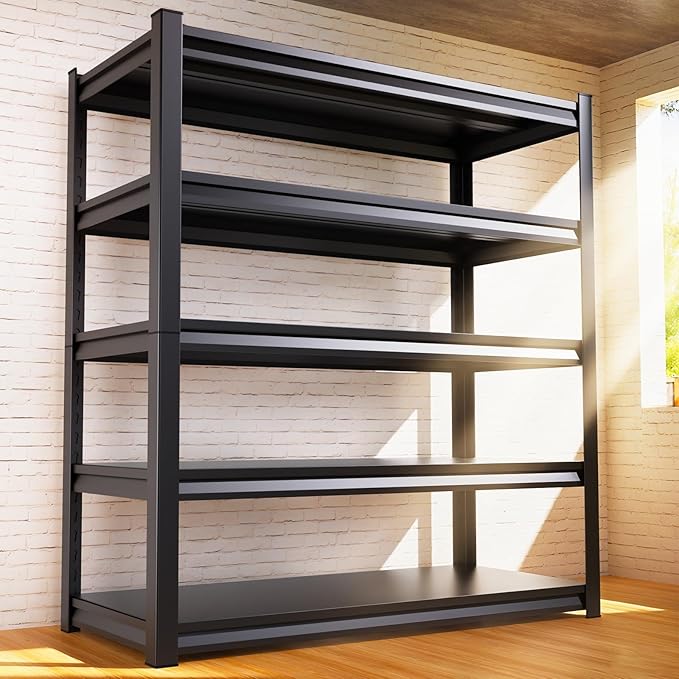 59" W Garage Shelving Heavy Duty Garage Storage Shelves Metal Shelving Unit 5T Adjustable Industrial Utility Shelf 3000LBS Black Organization Rack for Warehouse Storage,72" H x 59" W x 20" D