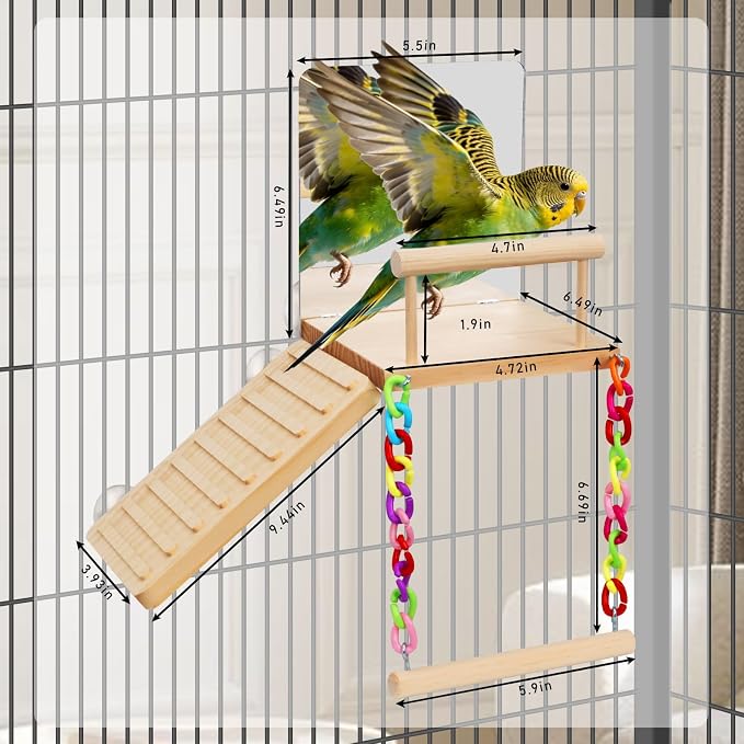 Bird Perches Swing Platform with Bird Mirror Birds Ladder Toys | Climbing Ladder Cage Accessories for Cocktail, Budgie, Lovebirds, Parrotlets Play Gym Exercise Stand (with Mirror)