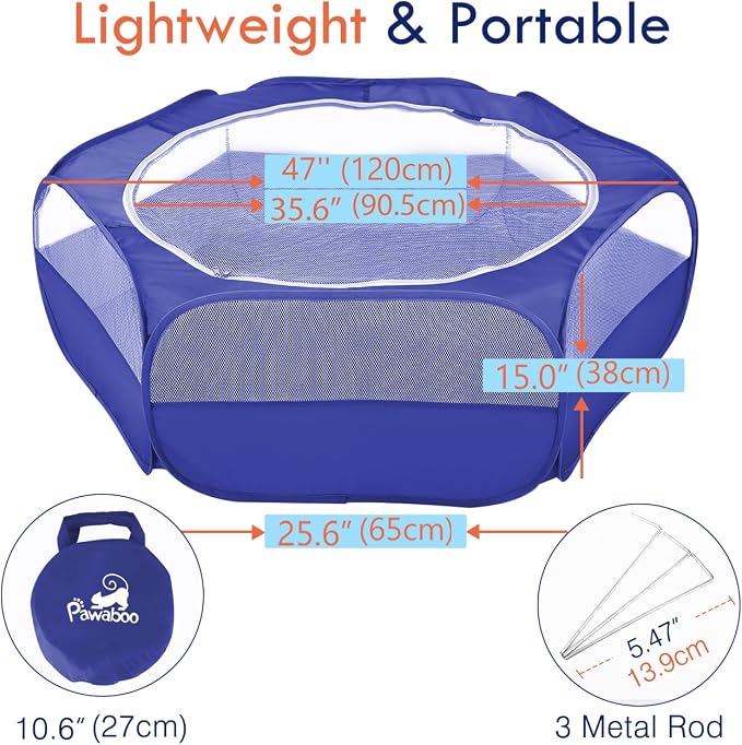 Pawaboo Small Animal Playpen with Zippered Cover,Indigo | Portable pop-up pet tent for supervised rabbits, guinea pigs, chicks and kittens; water-resistant bottom and 3 metal rods