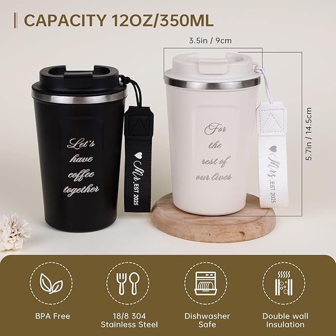 Mr and Mrs Gifts 2025, Stainless Steel Insulated Coffee Mug for Couples, Wedding/Engagement/Bridal Shower Gifts for Newlywed, Bride and Groom - 12 Oz