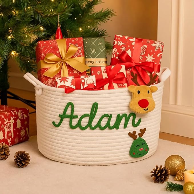 Personalized Baby Shower Basket with Name - Custom Christmas Gift Basket - Newborn Baby Gift Basket, Children's Toy Storage Box, Rope Cotton Bag, Nursery Storage, Small Diaper Caddy Organizer