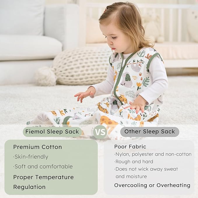 Baby Sleep Sack 12-18 months, 100% Cotton Sleeping Sack for Newborn and Infant, 3 Pack Baby Wearable Blanket for Boy and Girl, 0.5 Tog Lightweight Double Zipper Sleep Bag Green Brown Giraffe