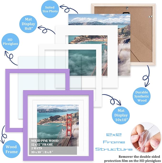 12x12 Wood Picture Frames for Wall Hanging or Tabletop,Diamond Painting Frame Baby Scan Picture Frames with 2 Mats Display 8x8 or 10x10 for Family Walls Decoration,Anniversary,Wedding,Christmas(Purple)