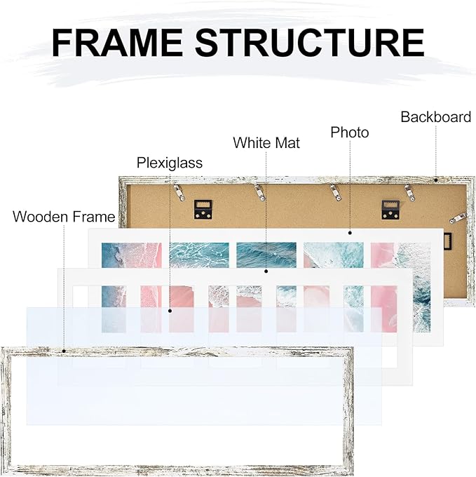 Vittanly 8x24 Collage Picture Frame, Displays 5Pcs 4x6 Pictures with Mat or 1Pcs 8x24 without Mat, Picture Frames Collage Wall Decor for Horizontal or Vertical Display, Distressed White, 1 Pack