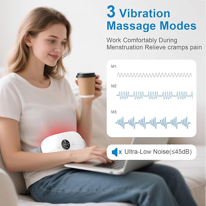 Portable Heating Pad for Period Cramps: Cordless Menstrual Heating Pad with 3 Heat Levels and 3 Massage Modes, 3s Fast Heating for Women and Girl White