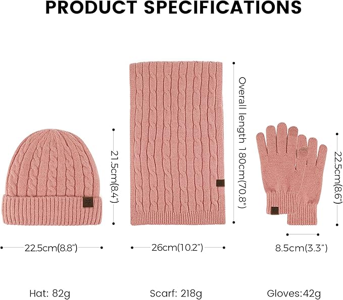 Womens Winter Beanie Hat Scarf Gloves Set, Knit Touch Screen Gloves Long Scarf Skull Caps Fleece Lined Winter Gift