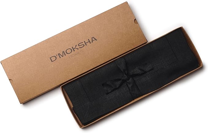 D'Moksha Homes Linen Placemats Set of 6 - Classic Hemstitch Black Placemats 14 x 19 Inch - 100% Pure Linen Table Mats for Fall, Thanksgiving, Holiday - Handcrafted and Machine Washable