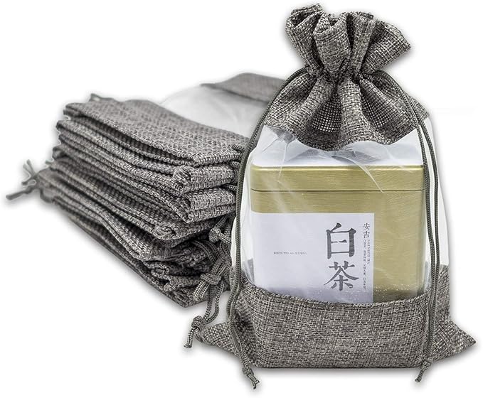 48-Pack Large Linen Burlap & Organza Gift Bags w. Drawstrings (6.5x8.5 in, Gray) - Party Favors, Presents, Samples & Treats Mesh Pouch by The Display Guys