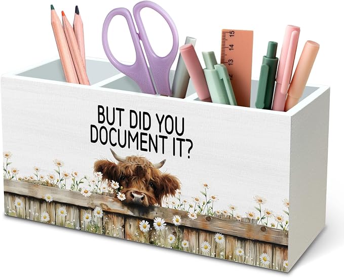 DILSJ Funny Highland Cow Office Pen Pencil Holder Organizer for Desk, Human Resource Gifts, But Did You Document It Farmhouse Highland Cow Wooden Box Signs for Home Office Desk Tabletop Decoration