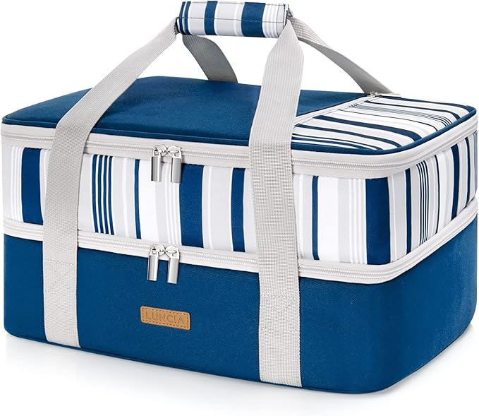 LUNCIA Insulated Double Decker Casserole Carrier, Lasagna Lugger Tote Keeps Food Hot or Cold, Thermal Lunch Bag for Potluck Parties, Picnic and Cookouts, Fits 9" x 13" Baking Dish, Blue