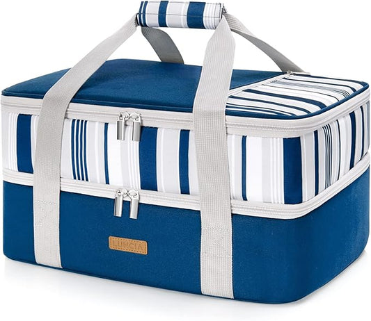 LUNCIA Insulated Double Decker Casserole Carrier, Lasagna Lugger Tote Keeps Food Hot or Cold, Thermal Lunch Bag for Potluck Parties, Picnic and Cookouts, Fits 9" x 13" Baking Dish, Blue