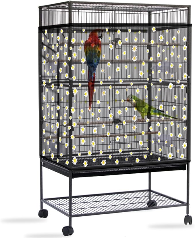 Daoeny Bird Cage Seed Catcher, Large Bird Cage Cover, Adjustable Soft Airy Nylon Mesh Net, Birdcage Cover Skirt Seed Guard for Parrot Parakeet Macaw African Round Square Cages (Black, Daisy Design)
