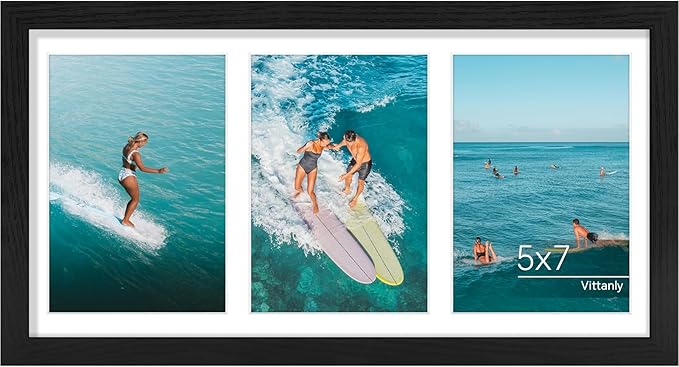 Vittanly 8x16 Collage Picture Frame, Displays 3Pcs 5x7 Pictures with Mat or 1Pc 8x16 without Mat, Picture Frames Collage Wall Decor for Horizontal or Vertical Display, Black, 1 Pack