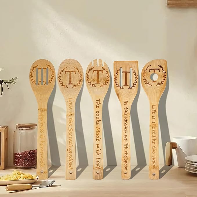 5PCS Initial Wooden Cooking Spoons Initial Letter Kitchen Decor Gifts Personalized Monogrammed Birthday Gifts for Women Mom Friend Housewarming Wedding Bamboo Cooking Spoons