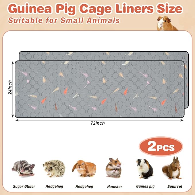 2Pcs Guinea Pig Cage Liners,Guinea Pig Fleece Cage Liners24''X72'' Super Absorbent Washable Pee Pads Reusable for Rabbit Hamster Chinchilla