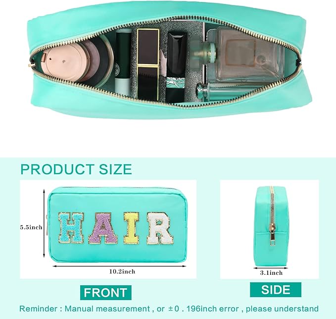 DYSHAYEN Nylon Cosmetic Bag Preppy Hair Makeup Bag for Women Travel Toiletry Organizer with Chenille Letter Patches (Mint-HAIR)
