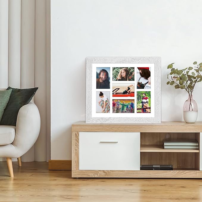 13.5x15.5 Picture Frame Display 7 opening 4X6 Picture Frame Collage,Multi Photo Frame with Mat,Plexiglass,Wall Hanging Decor,Distressed White Wood Grain
