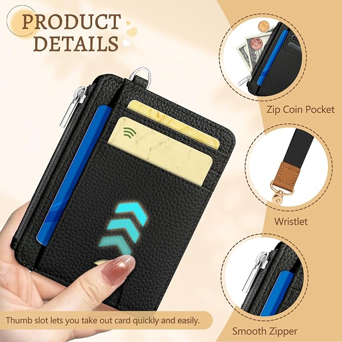 Kelvoris Credit Card Holder Small Wallet Women, Slim RFID, Pure Black | Keychain, Zipper Coin Pocket, Front Pocket Thin Travel Card Case, Minimalist, 6 Card Slots, 1 ID Window, Ladies Gifts Woman