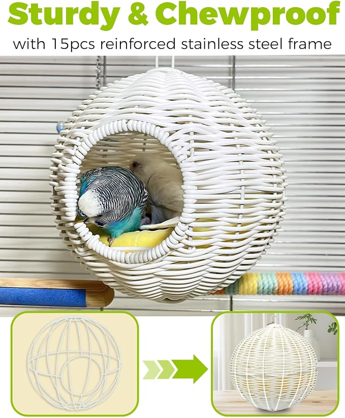 Chewproof Steel Frame Bird Nest for Cage, Washable Small Bed Hammock | Bird Hideout Lay Eggs Parakeet Nest Sleep Rest, Parakeet Warm Bed House Hut for Lovebird, Canary, Budgie, with Cushion