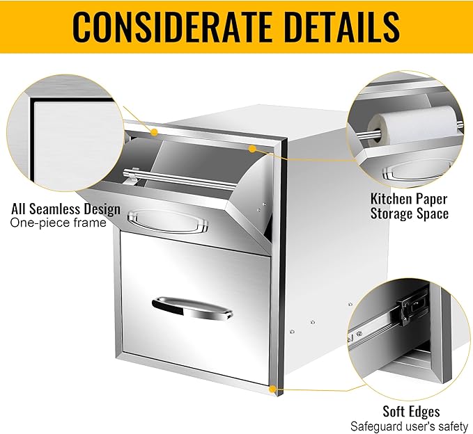 Outdoor Kitchen Drawers Stainless Steel 16W X 20H X 20D Inch, Flush Mount Double BBQ Island Drawers with Handle for Outdoor Kitchens, Patio or Grill Station