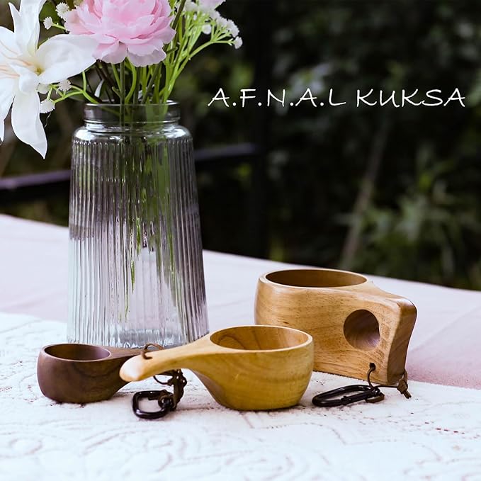 Kuksa Camping Mug Wooden Bushcraft Handcarved Cup, Nordic Style Coffee & Hiking Kuksa, Rubber Wood with Double Hole, 7.1 oz., 6.3" x 3.8" x 2.6"