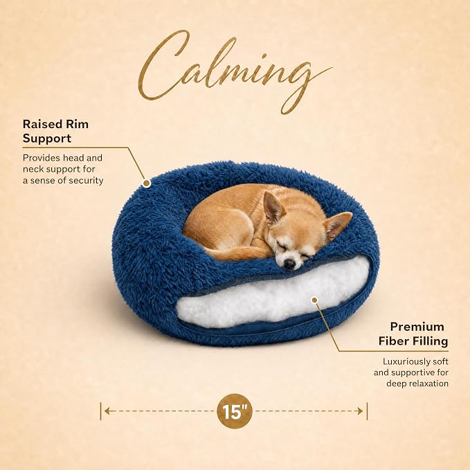 Tiny Dog Bed for Extra Small Dogs for Chihuahua Pomeranian Toy Poodle | 15 Inch Washable Puppy Bed,Soft Faux Fur Calming Donut Bed,Navy blue