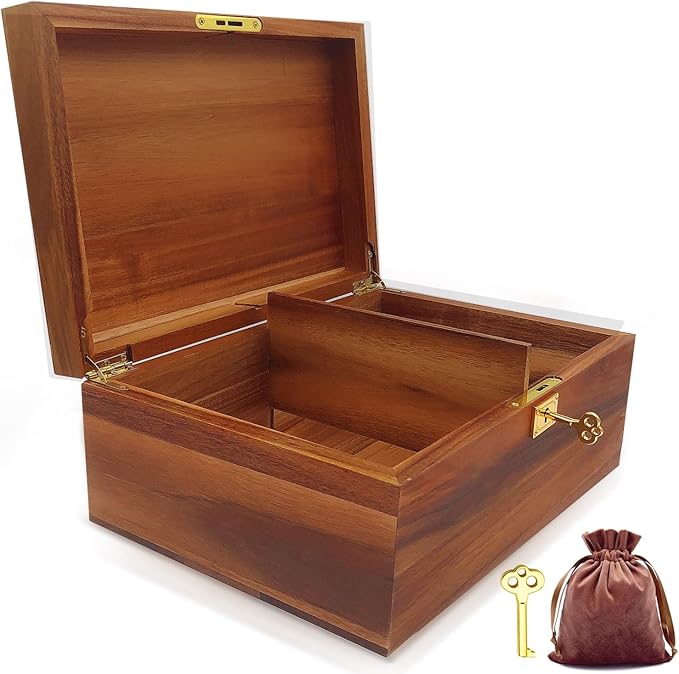 Wood Box Large Decorative Wooden Storage Box with Hinged Lid and Locking Key Premium Acacia Keepsake Chest Box Memory Gift Wooden Boxes 11 X 8.5 X 5 Inches