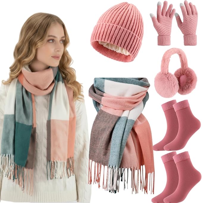 Geyoga 6 Pcs Winter Hat Scarf Gloves Set Knitted Touchscreen Gloves Plaid Scarf Earmuffs Socks Gift for Women Men
