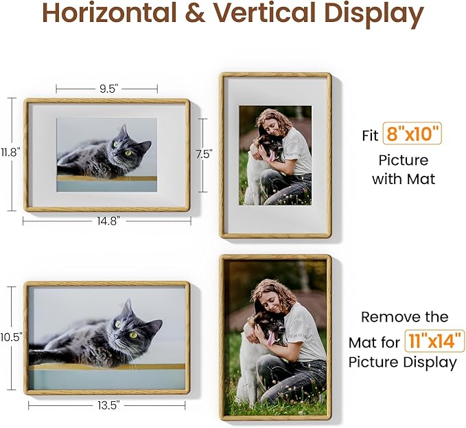 11x14 Picture Frame Natural Oak Wood From California-USA with Real Tempered Glass, Handcrafted 11 x 14 Diploma Frame Matted to 8x10 Photo,Certificate,Degree,Graduation Picture Display on Wall Decor