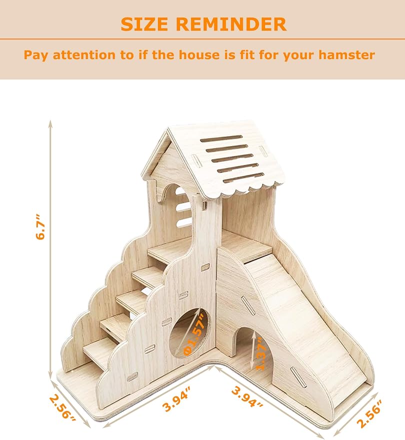 Hamster Hideout Cage Accessories - Hamster House and Habitat Wooden Hide Hut with Climbing Ladder and Slide for Dwarf Gerbils and Mouse Mice Rat Other Small Animals etc.