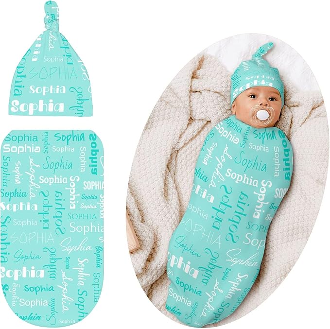 Personalized Baby Swaddle Blanket for Boys Girls Name Lettering Mint Green Custom Name Receiving Soft Blanket with Cap for Newborn Soft Sleeping Sack