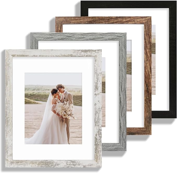 11x14 Picture Frame Set of 4, Made of Glass and Multicolour Wooden Frame, Display 8x10 Pictures with Mat or 11 x 14 Posters without Mat for Wall Mounting, Gallery Photo Frames