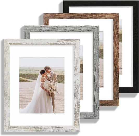 11x14 Picture Frame Set of 4, Made of Glass and Multicolour Wooden Frame, Display 8x10 Pictures with Mat or 11 x 14 Posters without Mat for Wall Mounting, Gallery Photo Frames