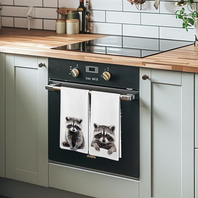Funny Raccoon Kitchen Towels and Dishcloths Sets of 2, Raccoon Decor Gifts, Woodsy Rustic Cabin Lodge Forest Animal Nursery Home Decor Dish Hand Tea Towels for Bathroom Kitchen, 16x24 Inches