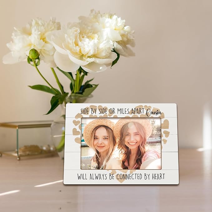 Cousins Gifts Picture Frames, Cousin Gifts for Women, Long Distance Birthday Wedding Wooden Photo Frames, Cousin Will Always Be Connected By Heart Picture Photo Frame for Desk Table 4X6 Photos