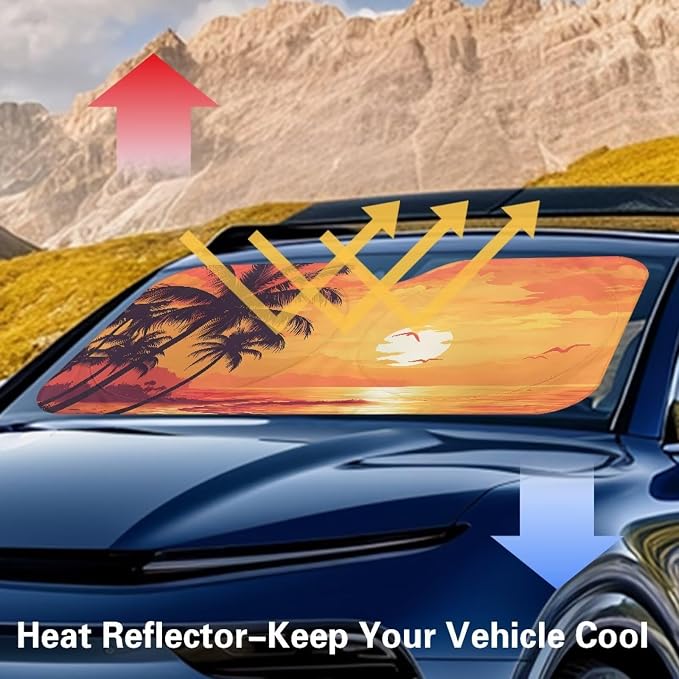Tropical Sunset Windshield Sun Shade Foldable Car Sun Shade for Front Window Blocks UV Rays Heat Block Universal Fit for Car Window Sunshades Cover Suitable for Most Cars