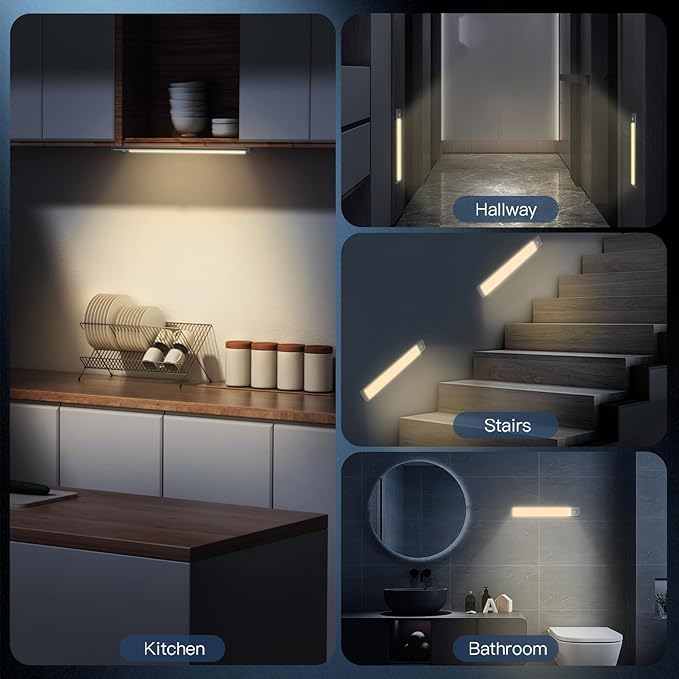 10inch Under Cabinet Lighting, 2 Pack Rechargeable Motion Sensor Light Indoor, 5 Levels Dimmable Magnetic Closet Lights, Wireless Under Counter Lights for Kitchen, Stairs