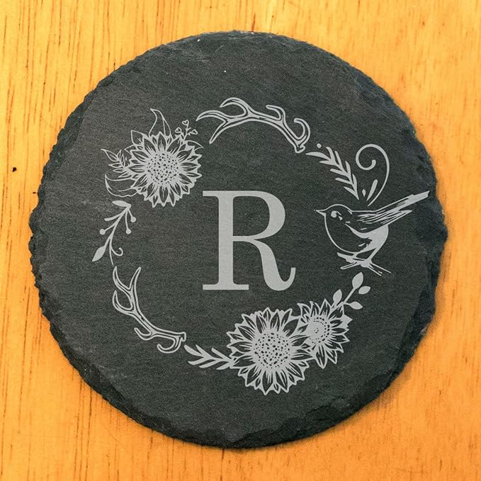 Personalized Monogram Family Coasters, Natural Stone Set, Birthday, Wedding, Customized, Rustic - Round Slate - Set of 5