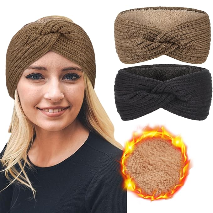 AQOKKA Knit Winter Headbands for Women Fuzzy Wool Fleece Lined Ear Warmers Elastic Turban Crocheted Head Wrap Winter Accessories for Women Cold Weather
